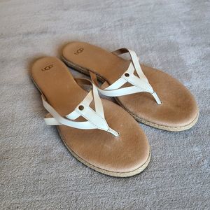 UGG White And Tan Leather Flip Flop Strappy Sandals Size 11
